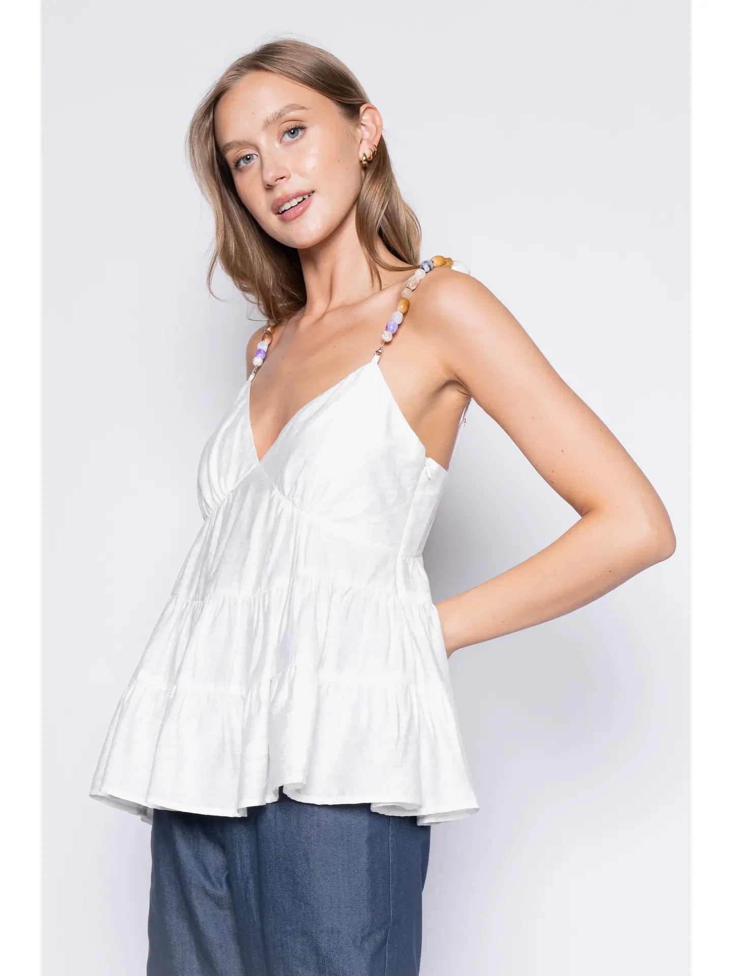 Bead Strap Tiered Asymmetrical Hem Babydoll Top