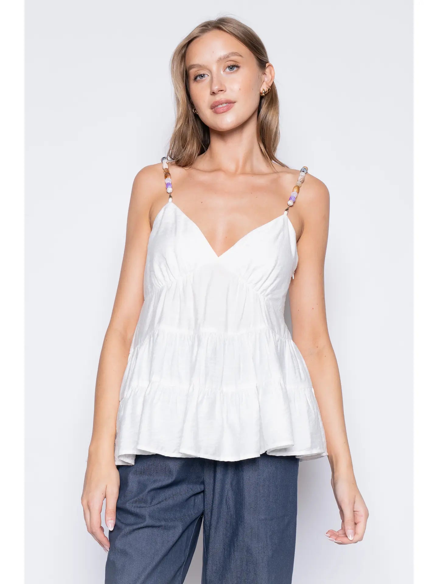 Bead Strap Tiered Asymmetrical Hem Babydoll Top