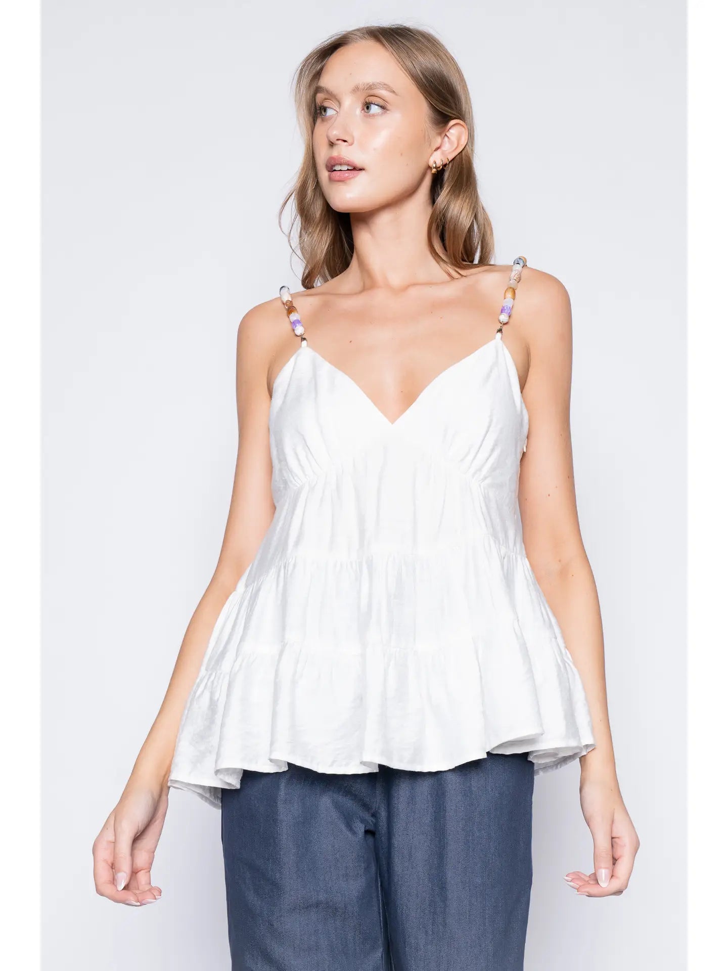 Bead Strap Tiered Asymmetrical Hem Babydoll Top