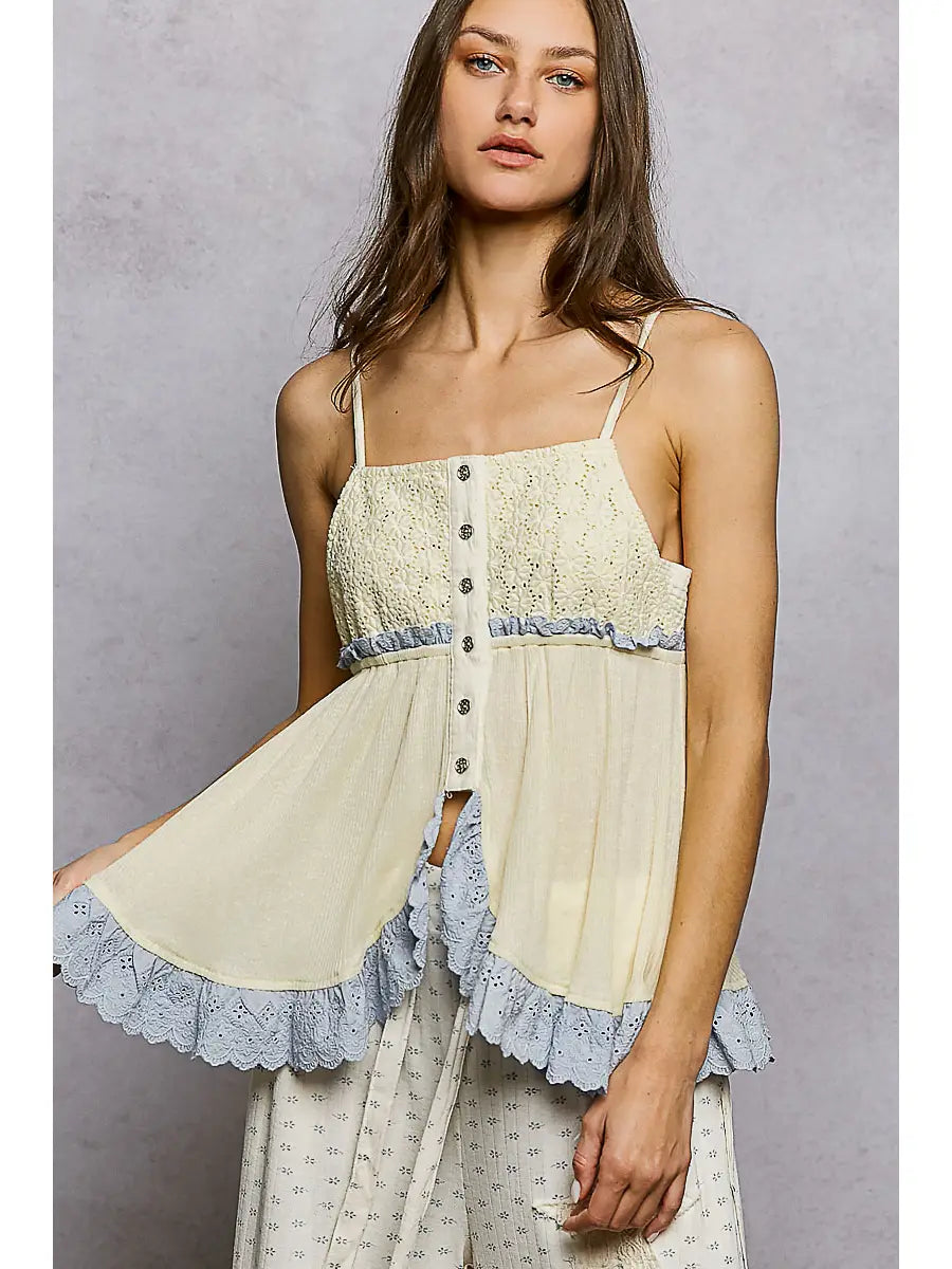 Eyelet Patch Ruffle Trim Adjustable Strap Solid Sleeveless