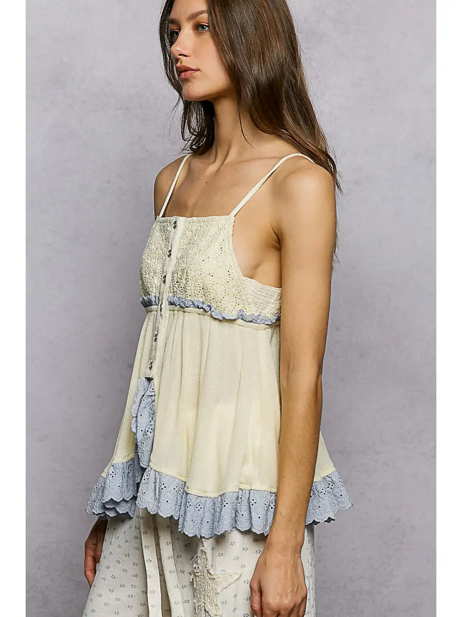 Eyelet Patch Ruffle Trim Adjustable Strap Solid Sleeveless