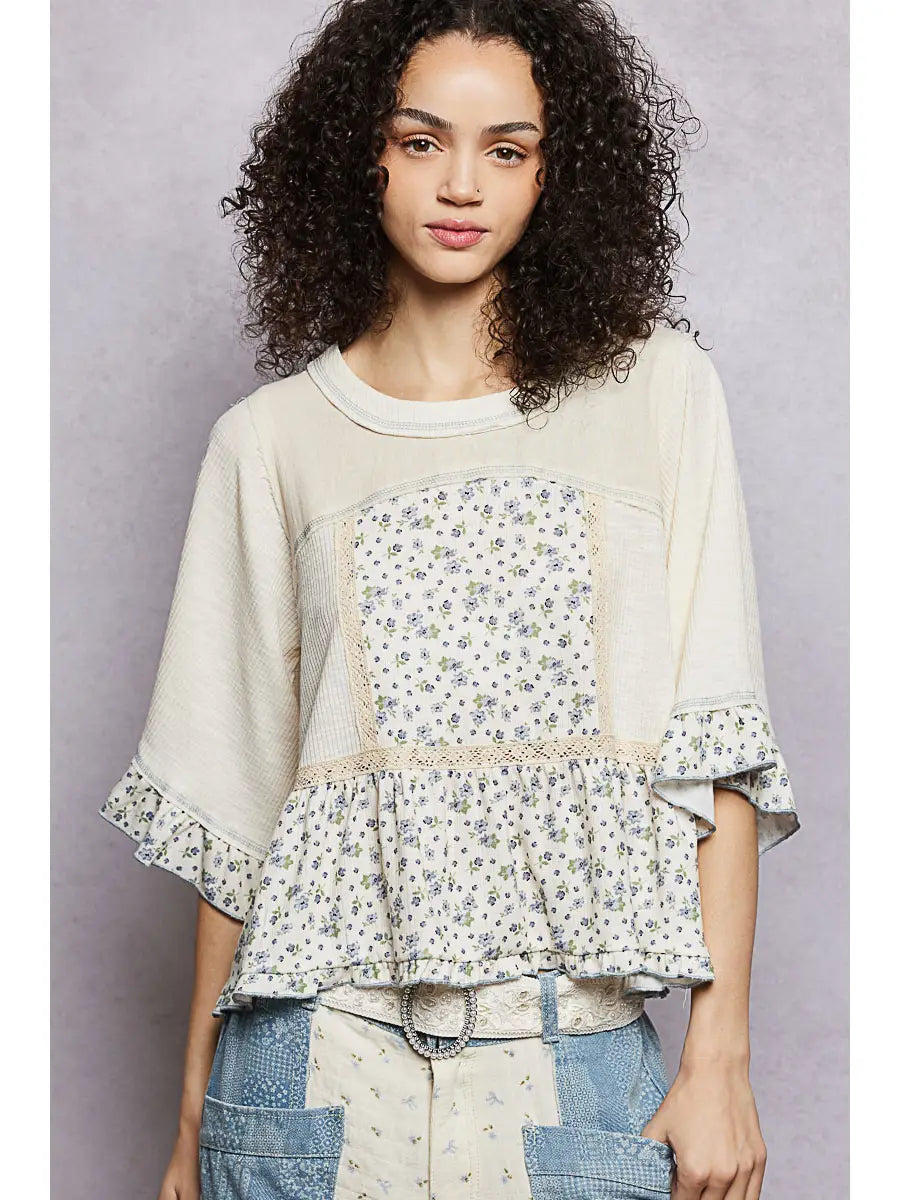 Round Neck Floral Patchwork Ruffle Top
