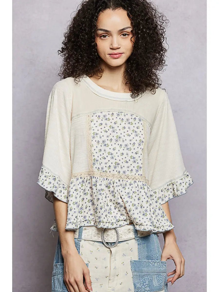 Round Neck Floral Patchwork Ruffle Top