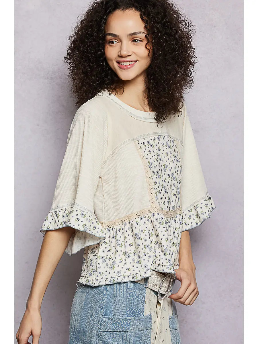 Round Neck Floral Patchwork Ruffle Top