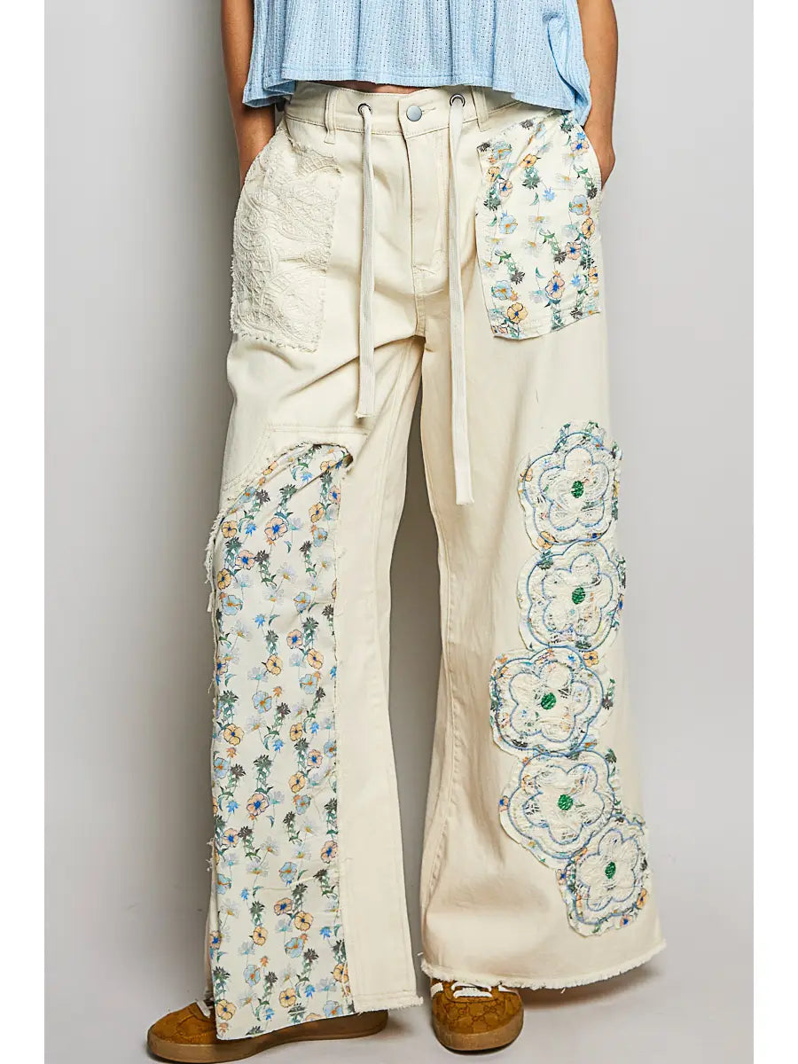 Drawstring Floral Patch Denim Pants