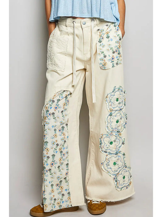 Drawstring Floral Patch Denim Pants