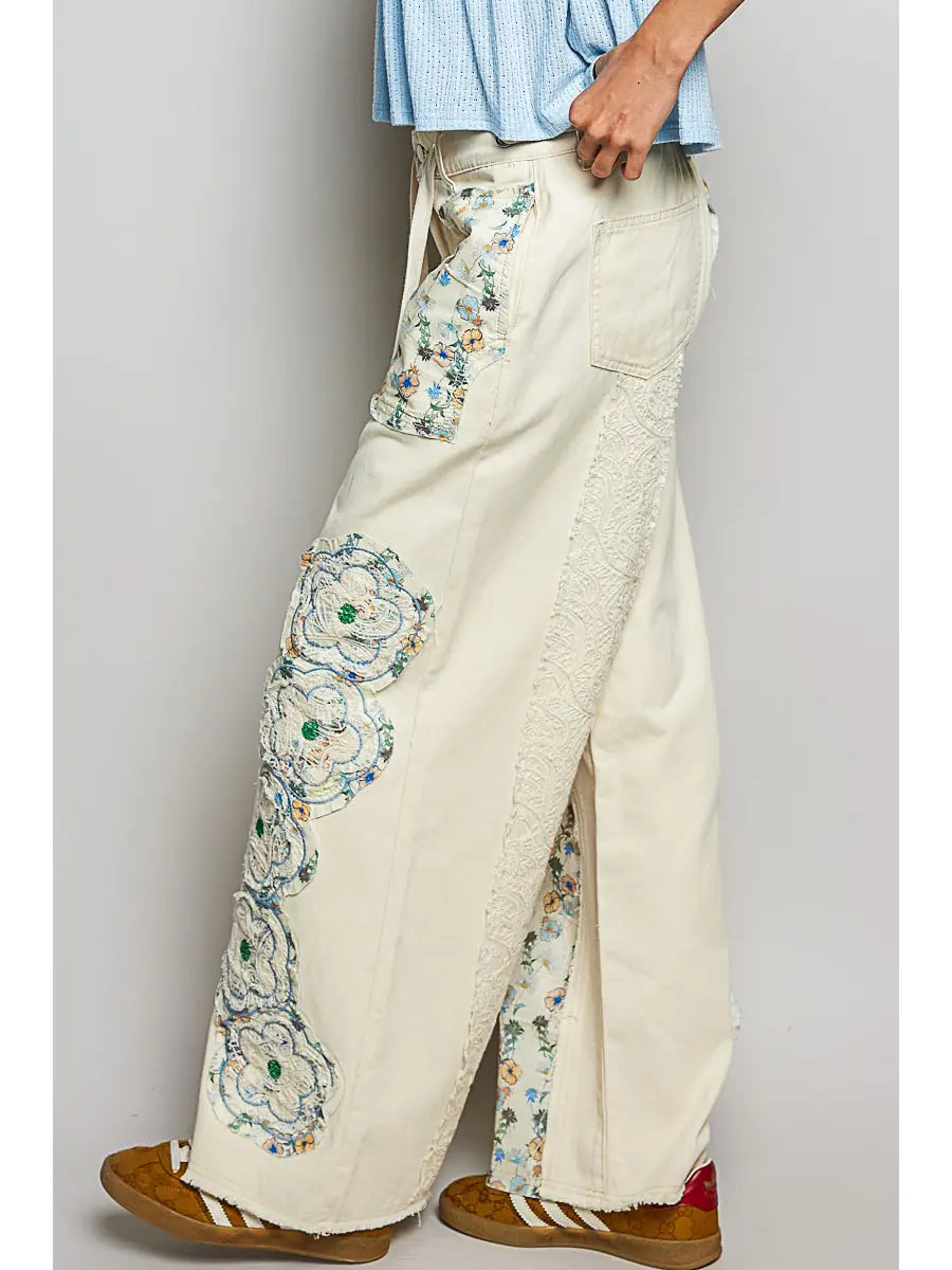 Drawstring Floral Patch Denim Pants