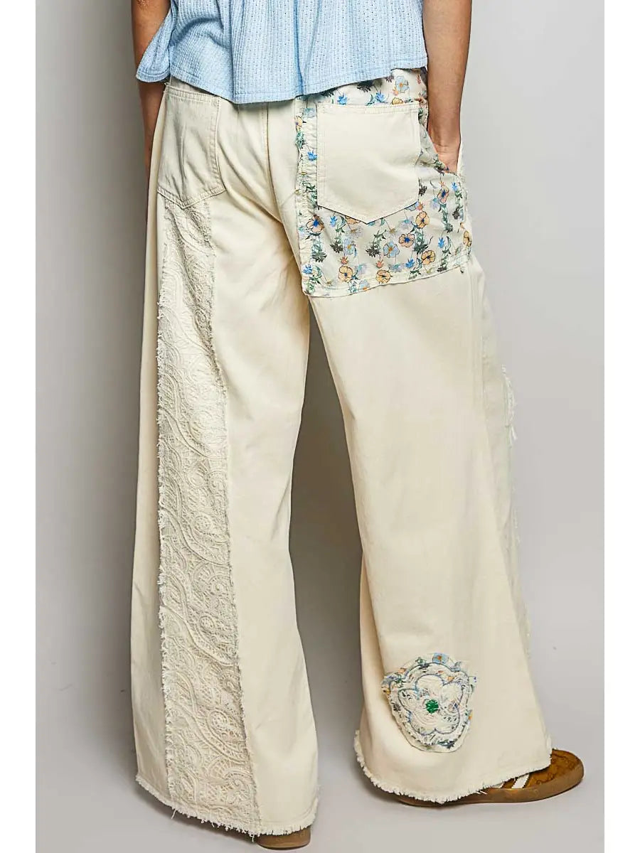 Drawstring Floral Patch Denim Pants