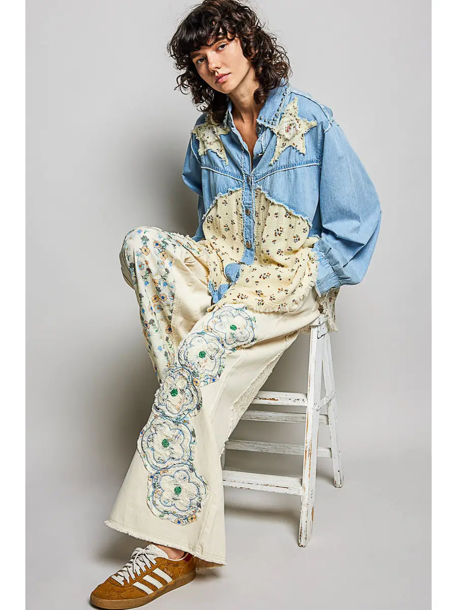 Drawstring Floral Patch Denim Pants