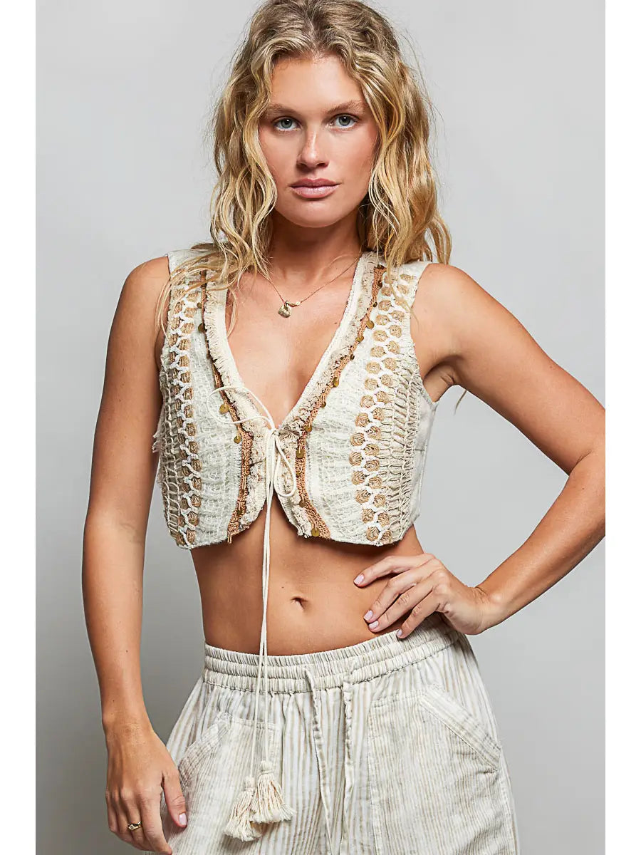 Spangle Neck Fringe Trim Tassel Tie V-Neck Crochet Crop Top