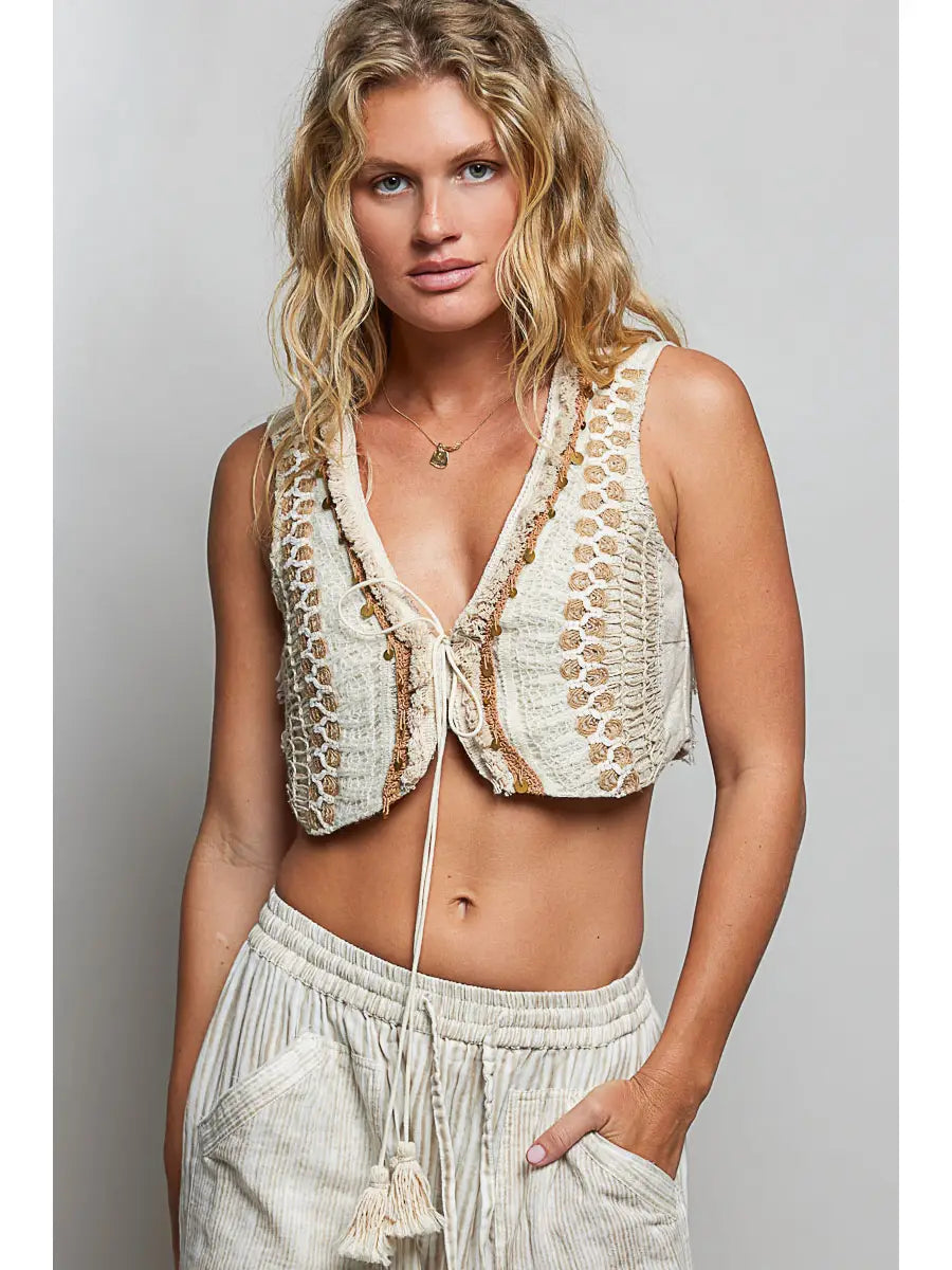Spangle Neck Fringe Trim Tassel Tie V-Neck Crochet Crop Top