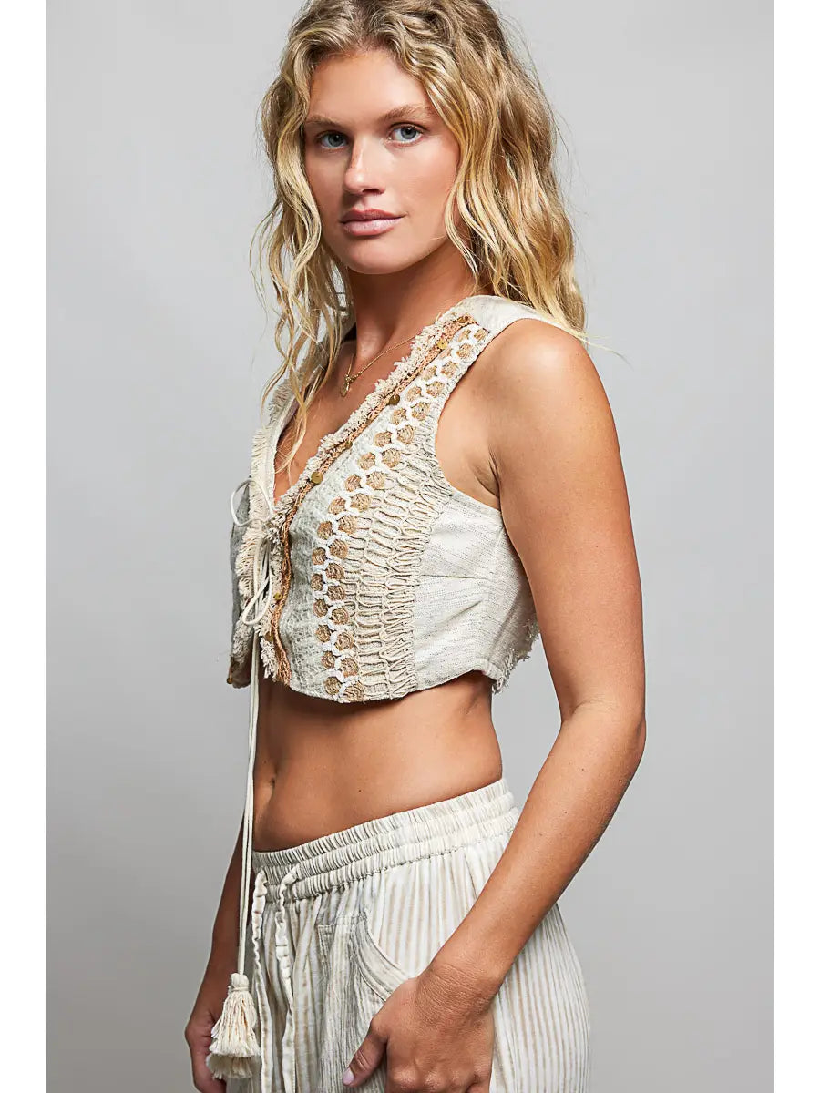 Spangle Neck Fringe Trim Tassel Tie V-Neck Crochet Crop Top