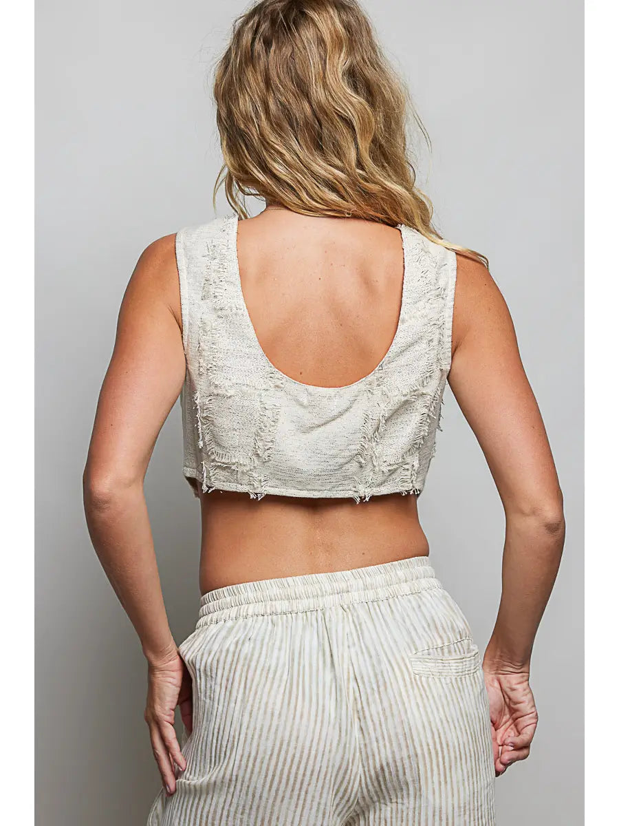 Spangle Neck Fringe Trim Tassel Tie V-Neck Crochet Crop Top