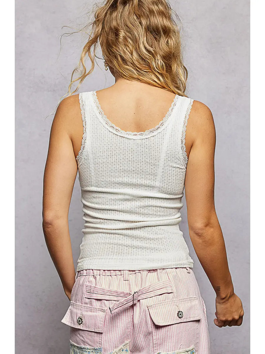 Ribbed Knit Lace Border Trim V Neck Sleeveless Top