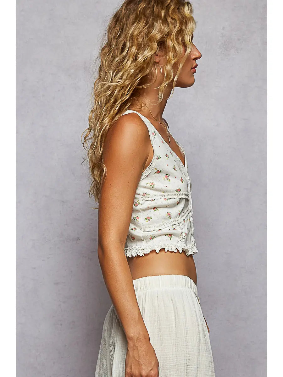 V-Neck Sleeveless Lace Ribbed Knit Top