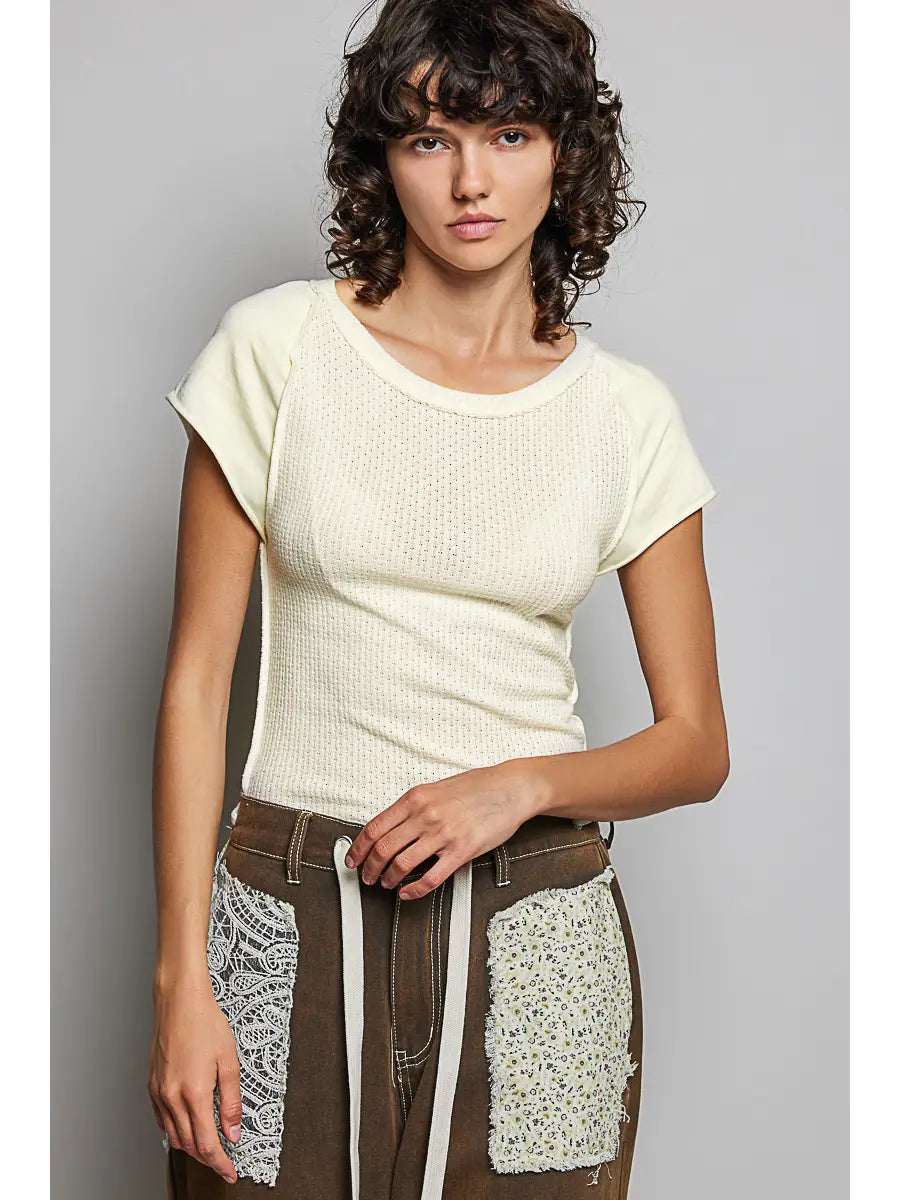 Round Neck Textured Knit Top Contrast Raglan Outseam