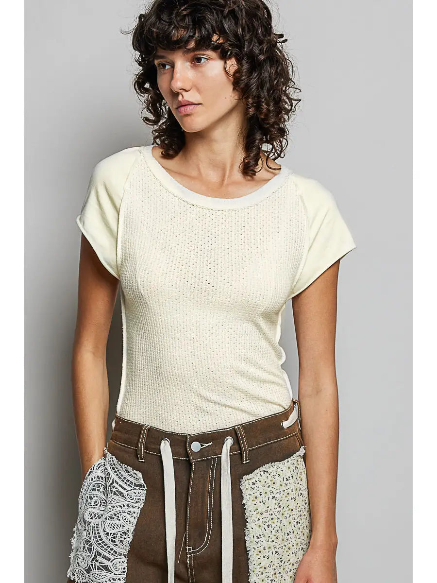 Round Neck Textured Knit Top Contrast Raglan Outseam