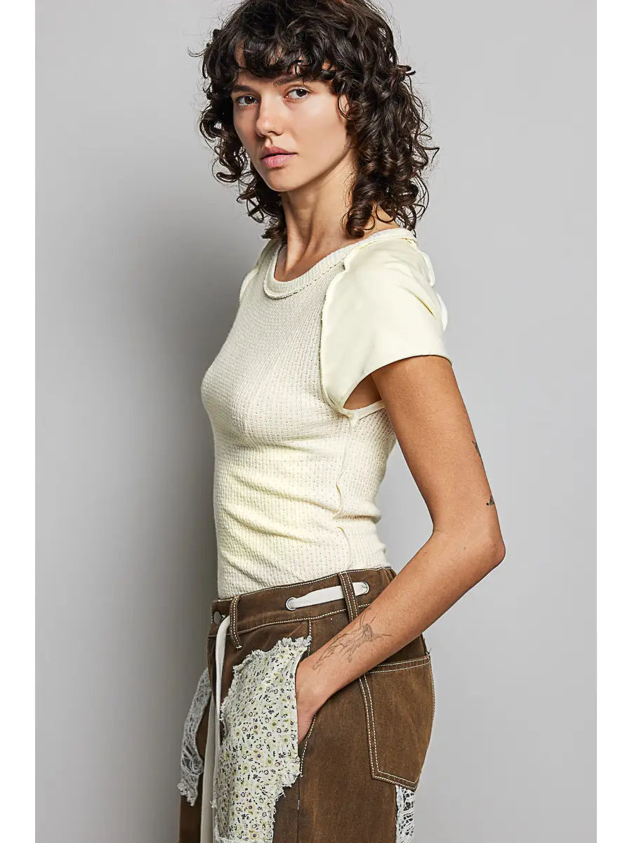 Round Neck Textured Knit Top Contrast Raglan Outseam