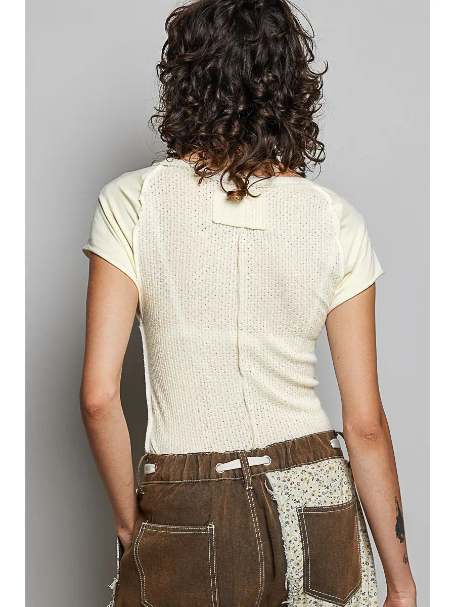 Round Neck Textured Knit Top Contrast Raglan Outseam