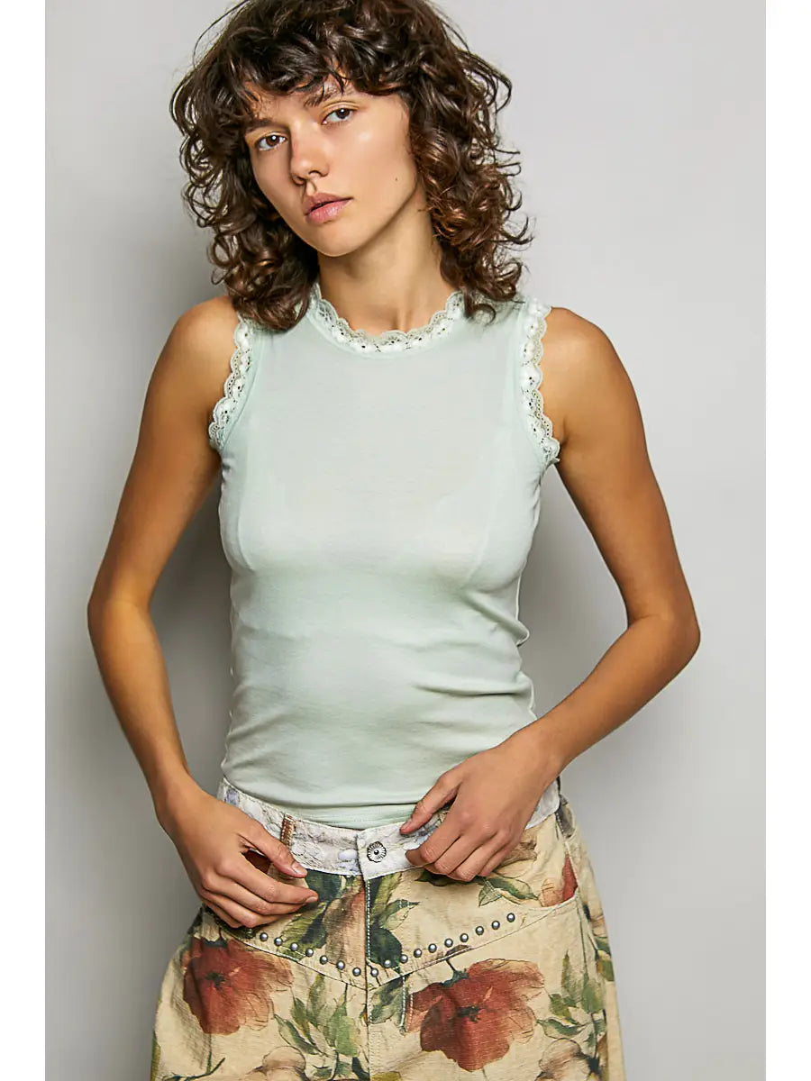 Round Neck Sleeveless Lace Trim Knit Fitted Top