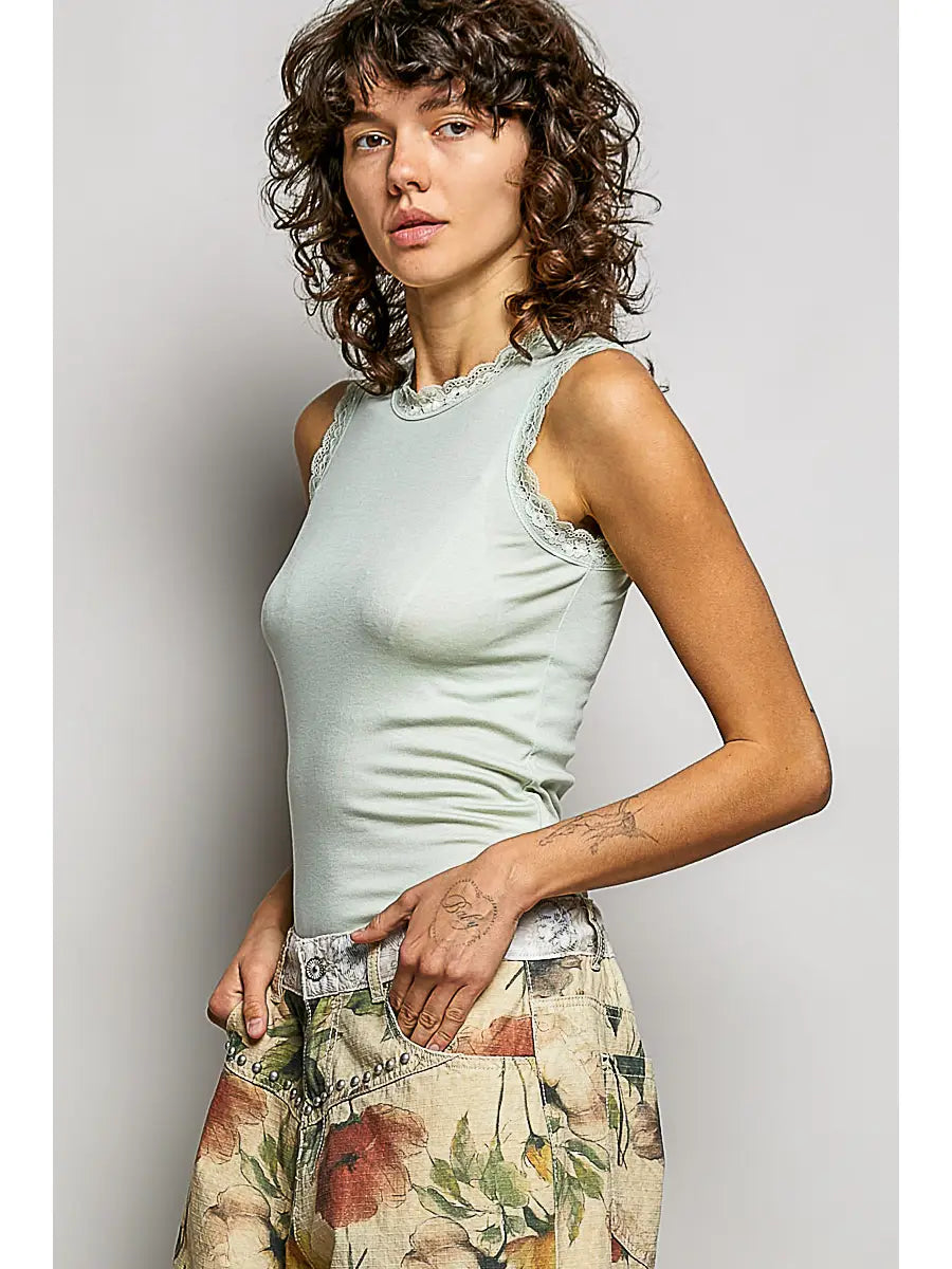 Round Neck Sleeveless Lace Trim Knit Fitted Top
