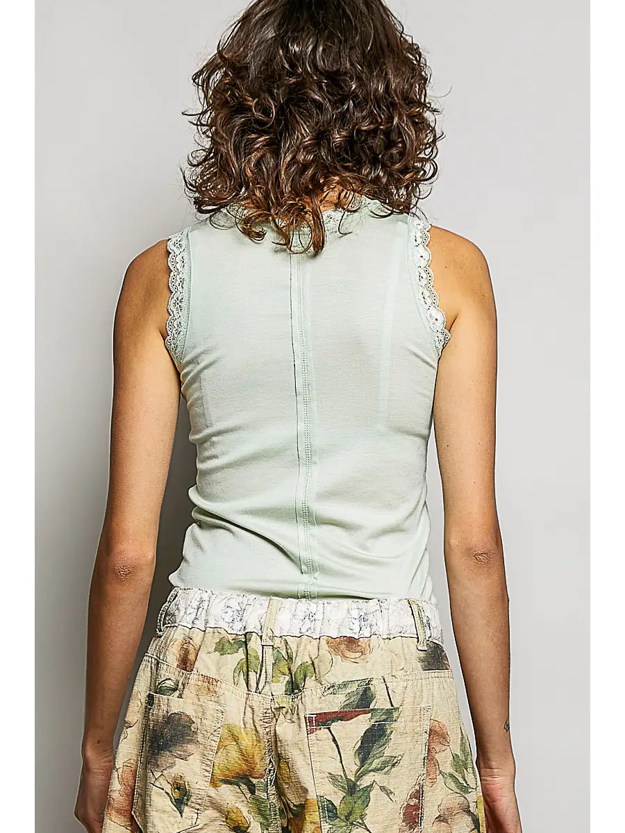 Round Neck Sleeveless Lace Trim Knit Fitted Top