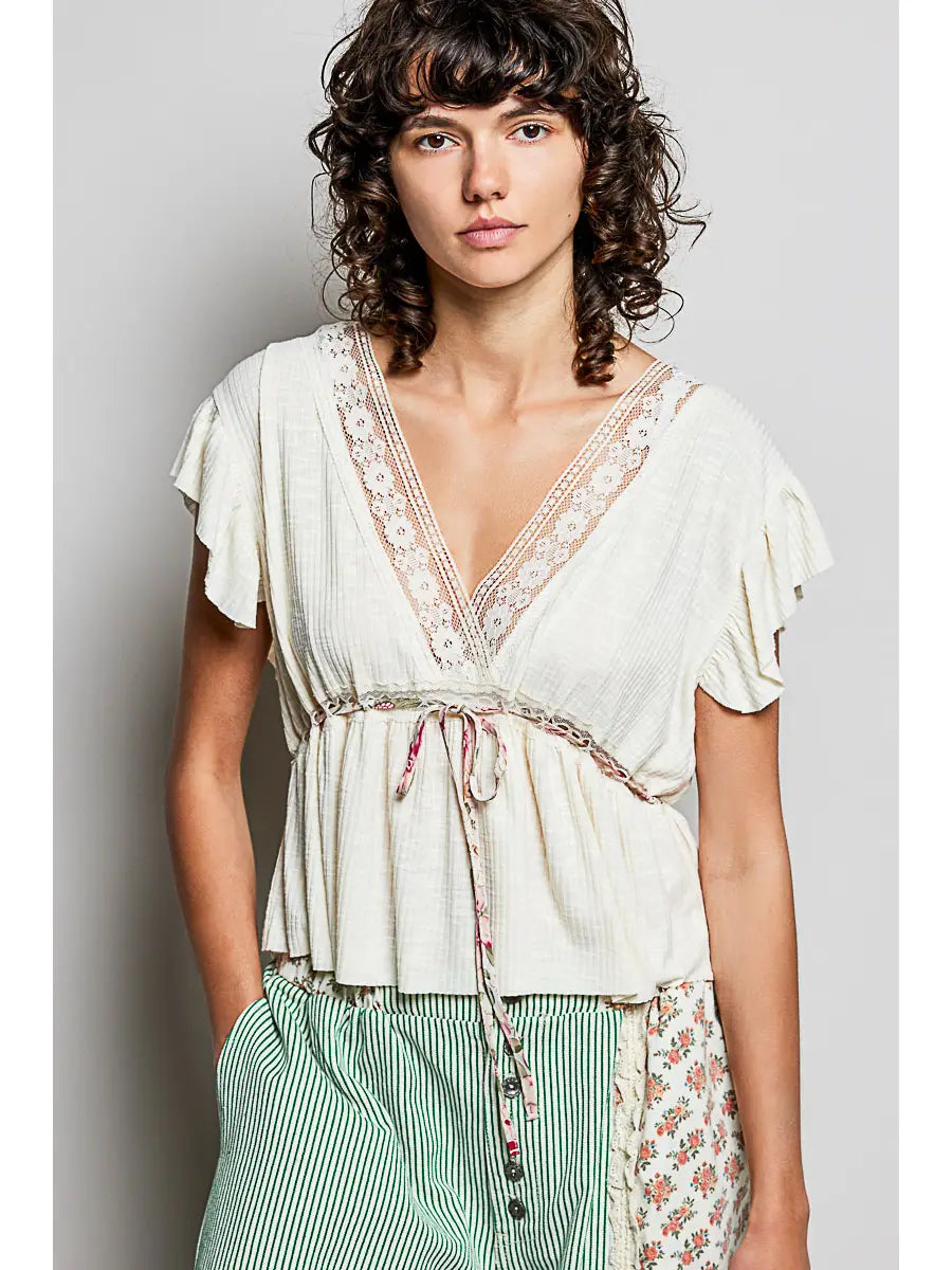 V-Neck Adjustable Waist Soft Ruffle Accent Sleeveless Top