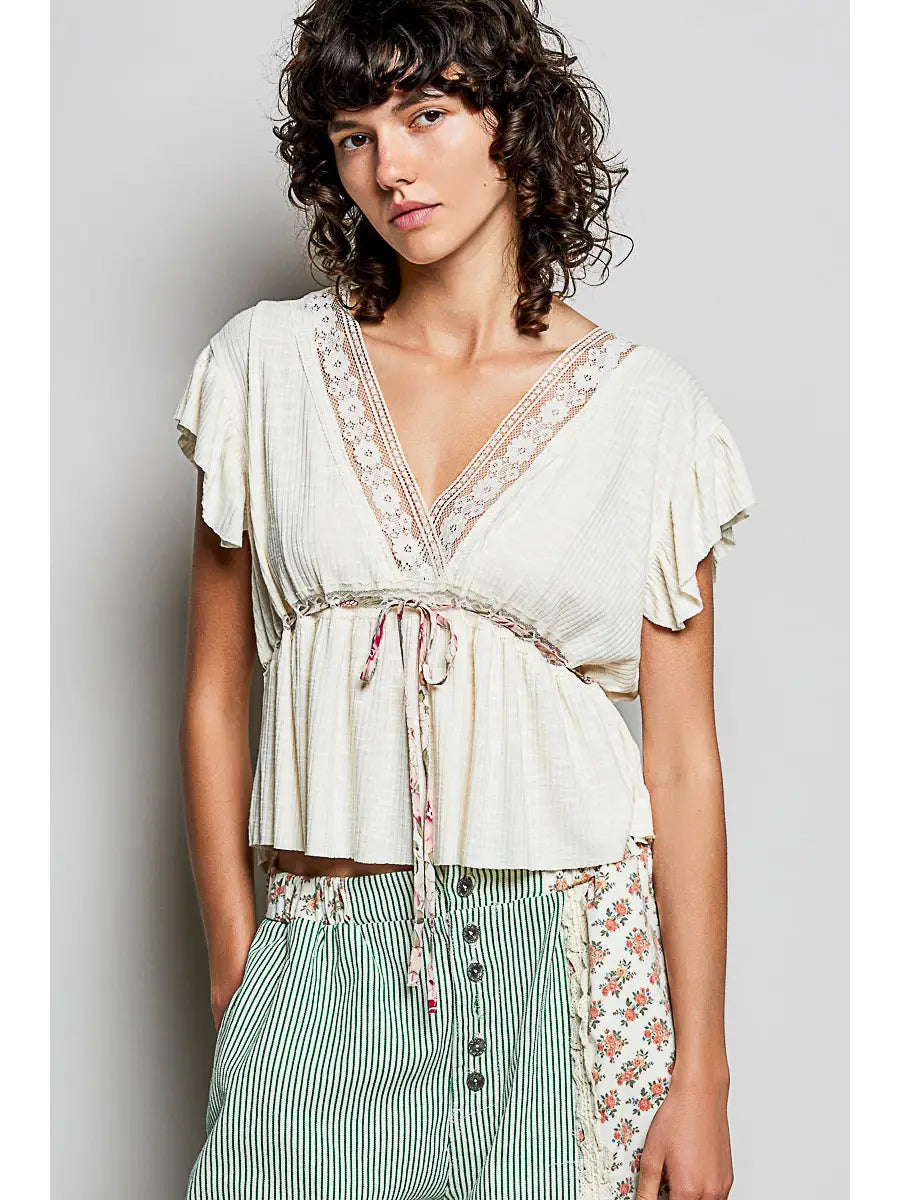 V-Neck Adjustable Waist Soft Ruffle Accent Sleeveless Top