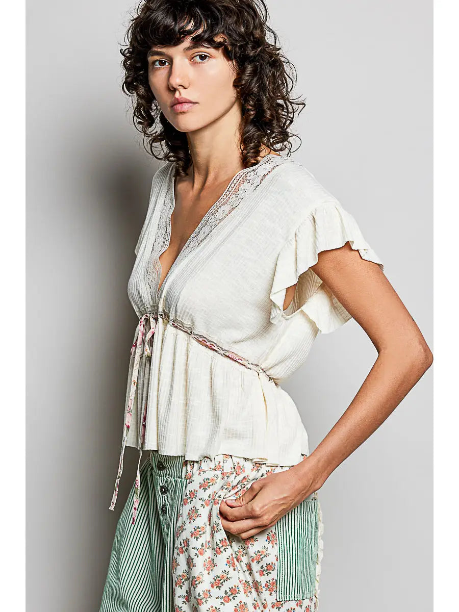 V-Neck Adjustable Waist Soft Ruffle Accent Sleeveless Top