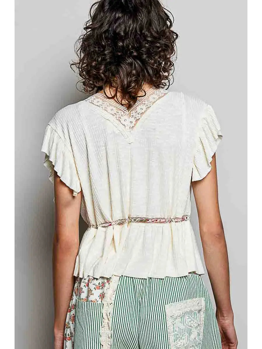 V-Neck Adjustable Waist Soft Ruffle Accent Sleeveless Top