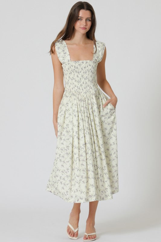 Ruffle Sleeve Elastic Smcoked Midi Dress