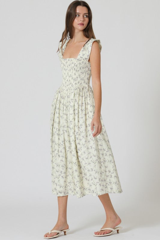 Ruffle Sleeve Elastic Smcoked Midi Dress