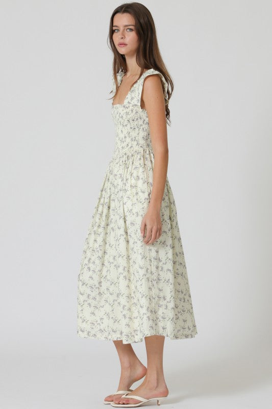 Ruffle Sleeve Elastic Smcoked Midi Dress