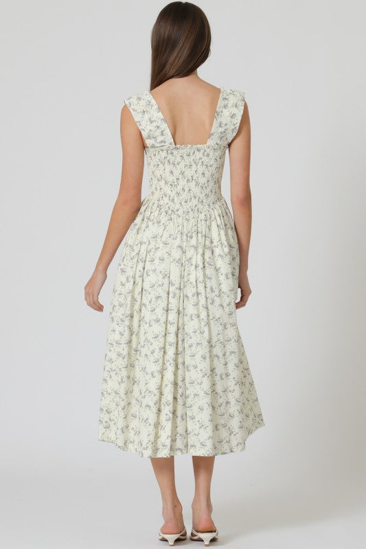 Ruffle Sleeve Elastic Smcoked Midi Dress