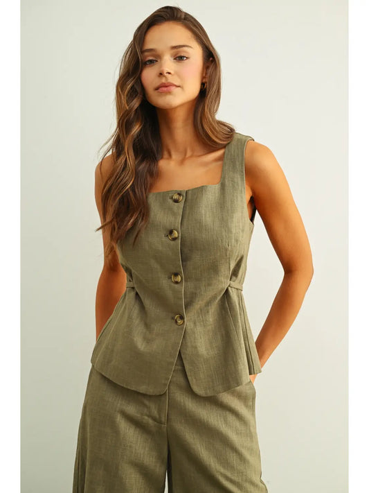 Square Neck Sleeveless Vest with Button Front