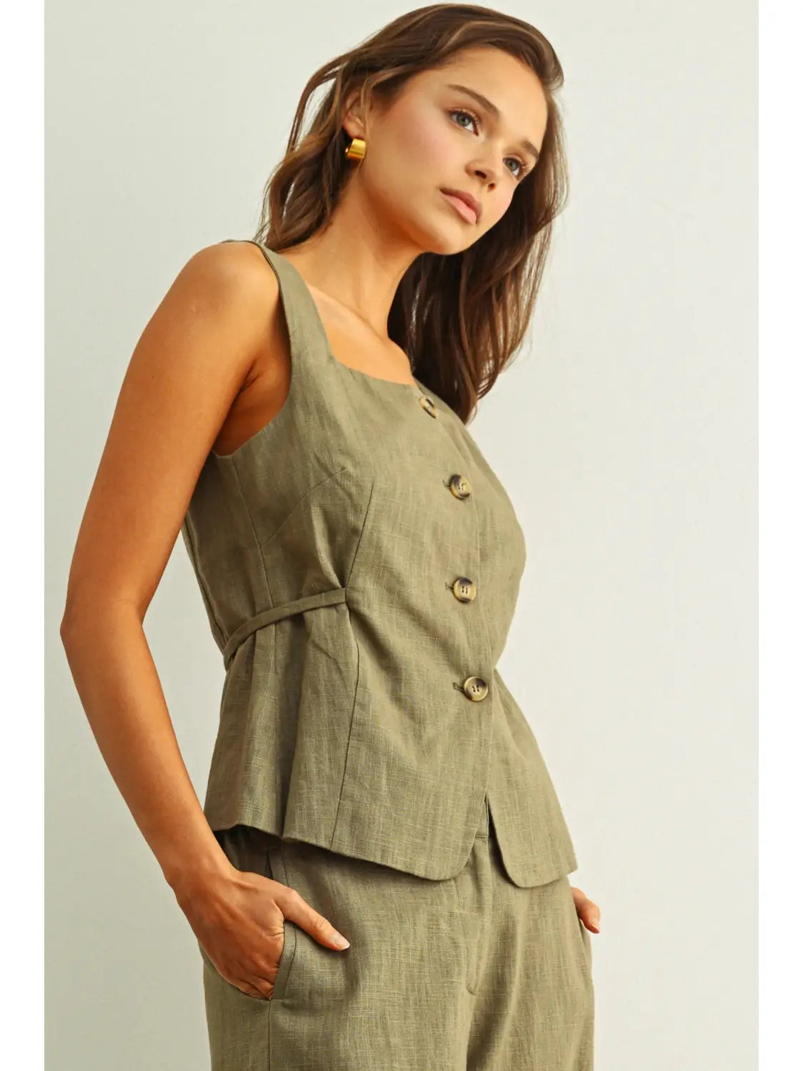 Square Neck Sleeveless Vest with Button Front