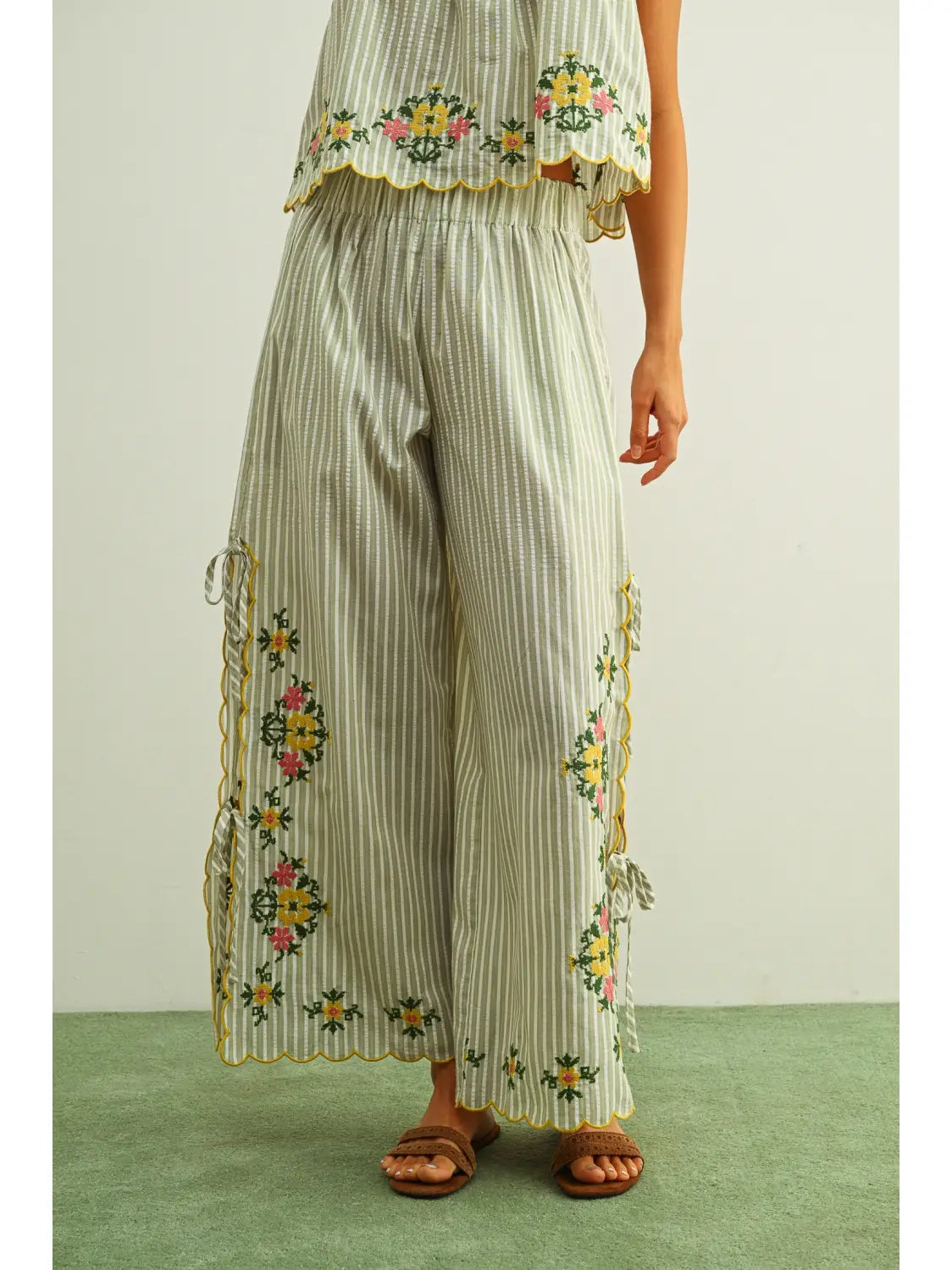 Floral Embroidery with Striped Pants with Tie