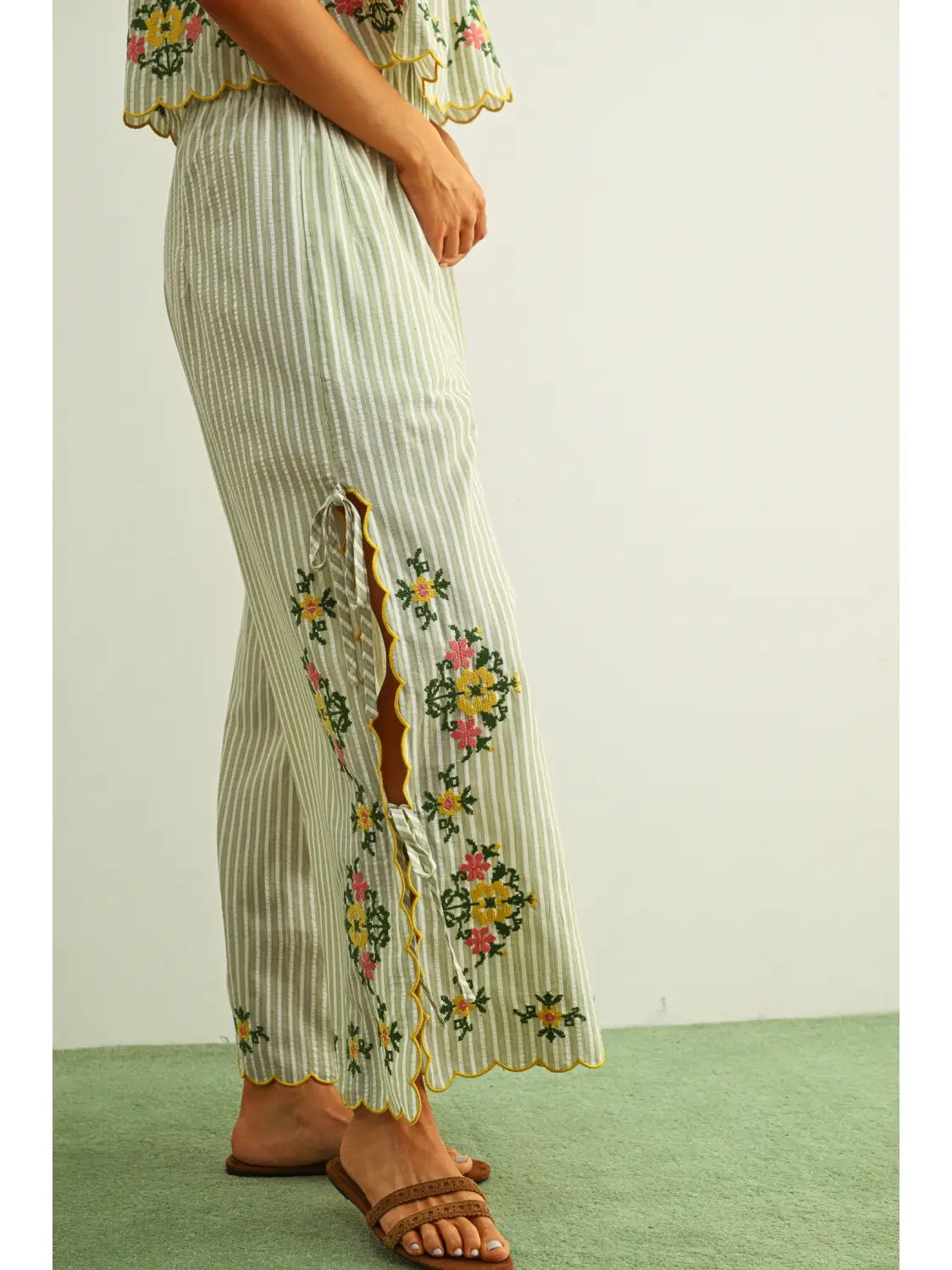 Floral Embroidery with Striped Pants with Tie