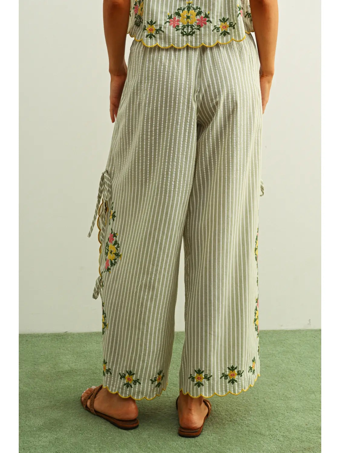 Floral Embroidery with Striped Pants with Tie