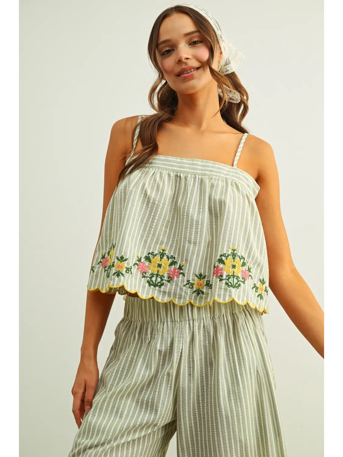 Floral Embroidery Striped Top