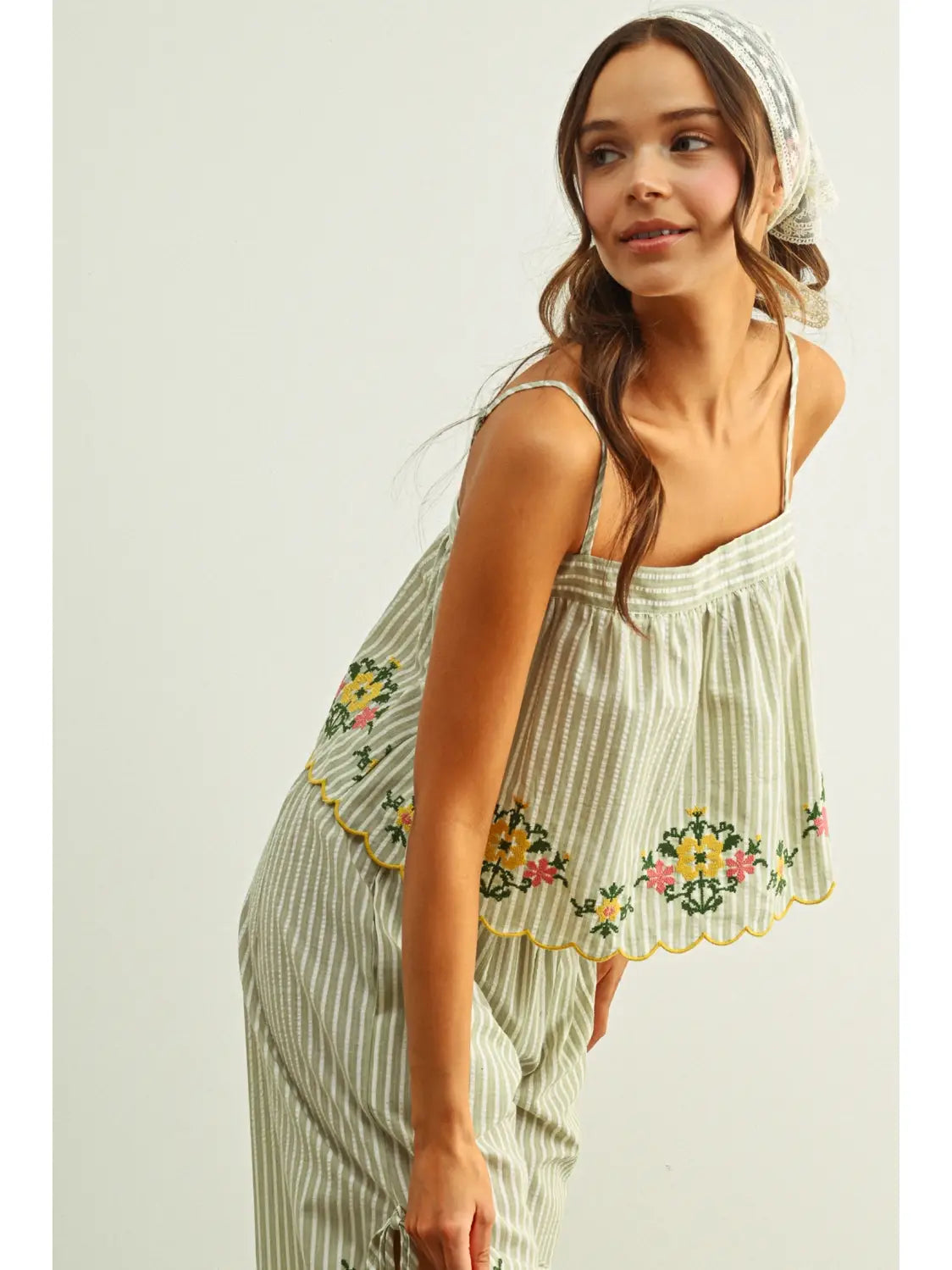 Floral Embroidery Striped Top