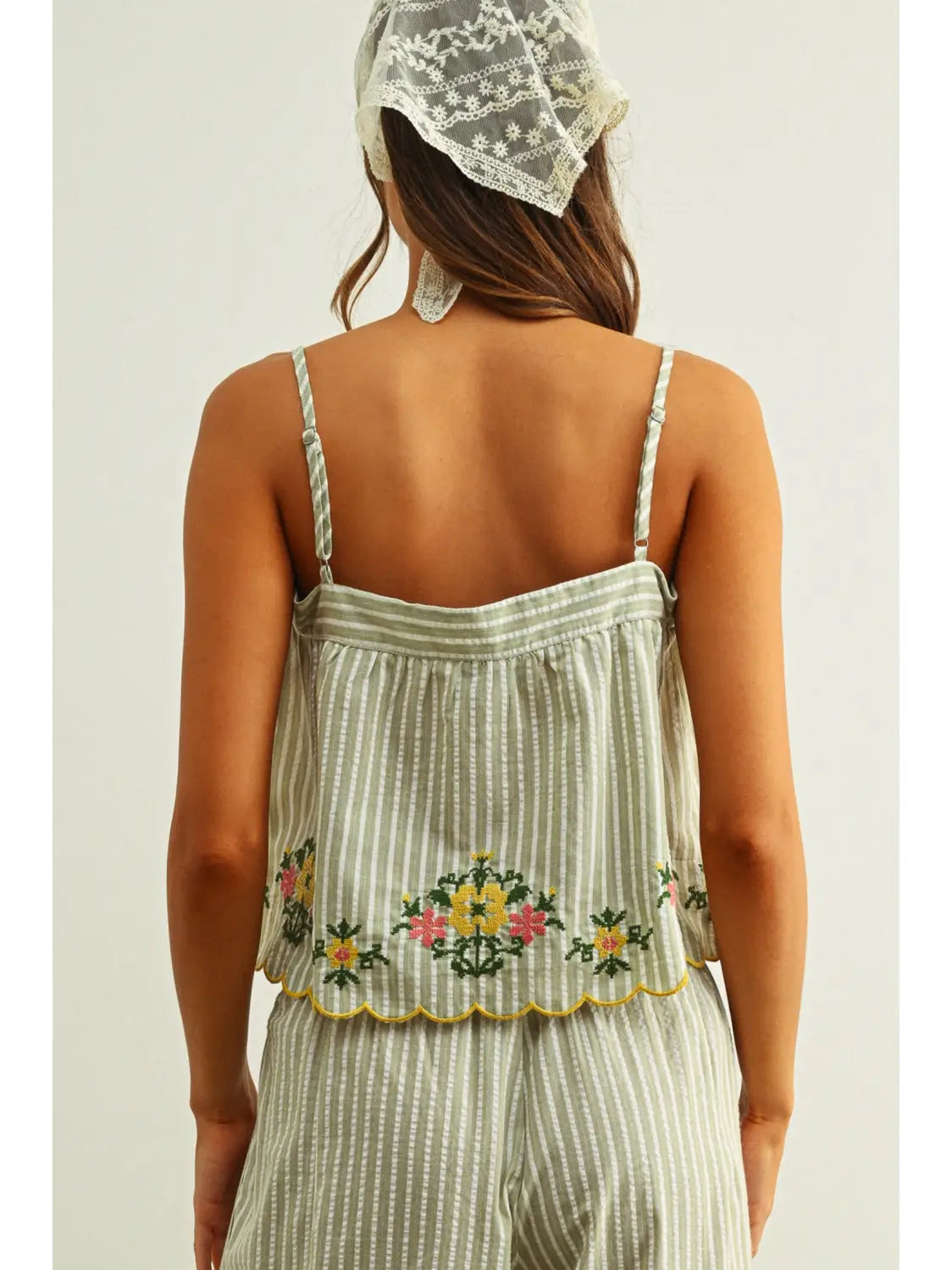 Floral Embroidery Striped Top