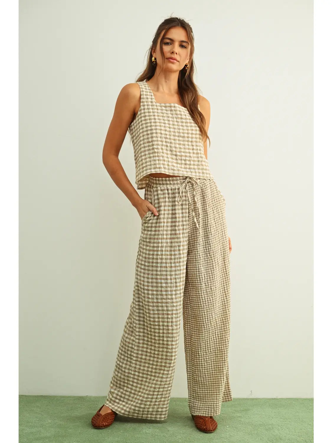 Mixed Gingham Straight Pants