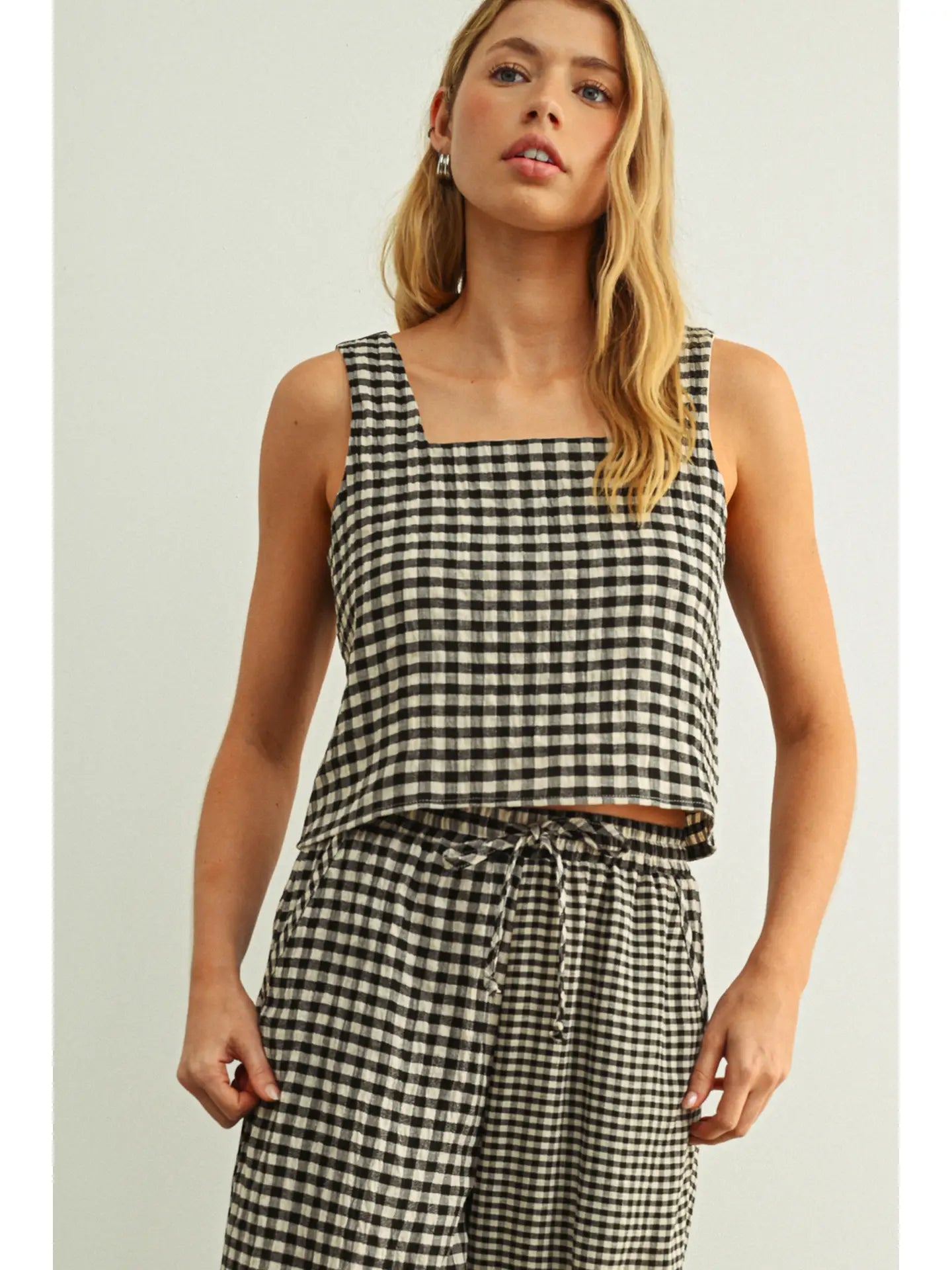 Gingham Square Neck Sleeveless Top