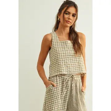 Gingham Square Neck Sleeveless Top