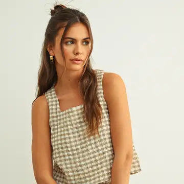 Gingham Square Neck Sleeveless Top