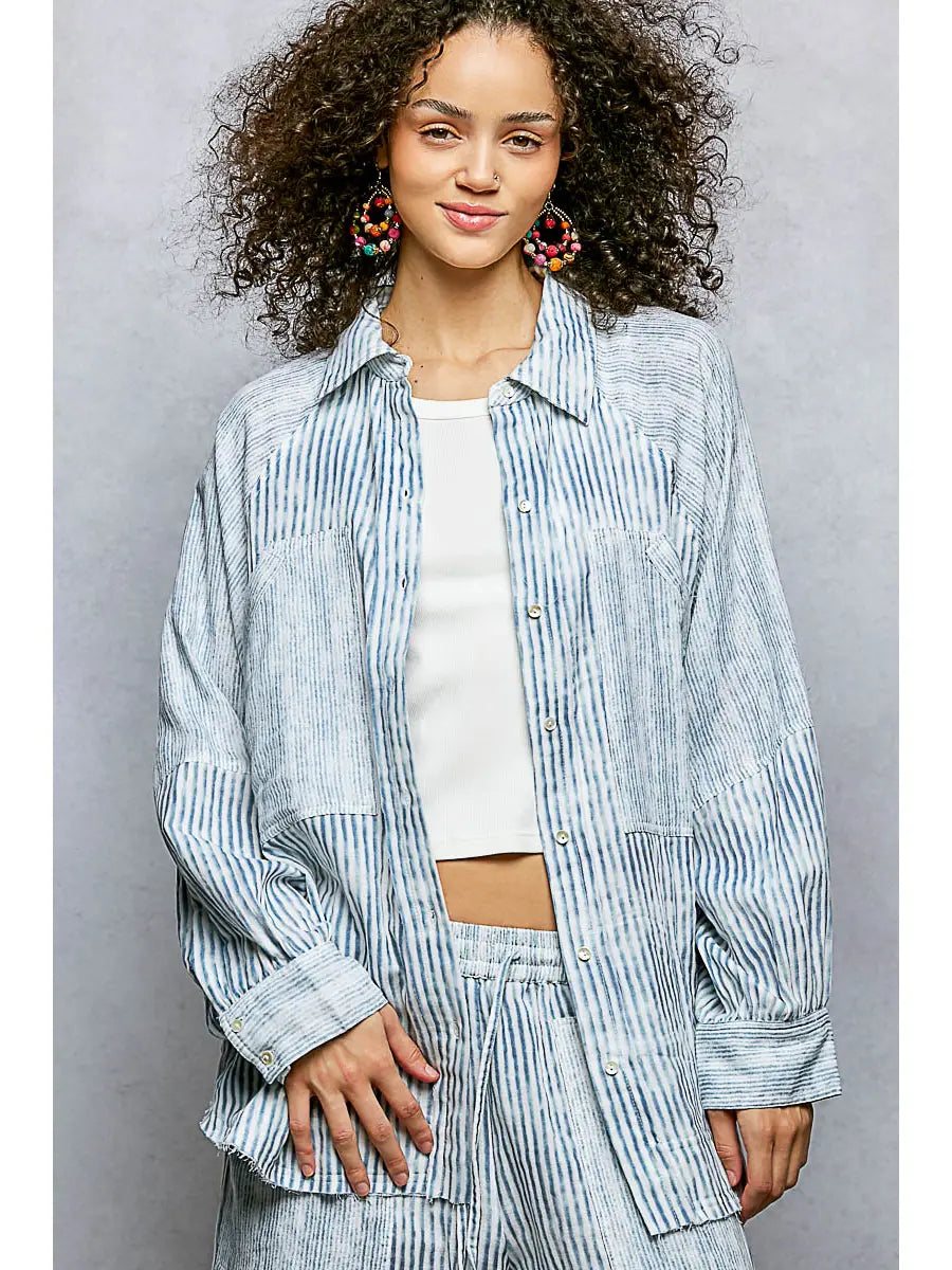 Striped Raglan Long Sleeve Woven Shirt Top