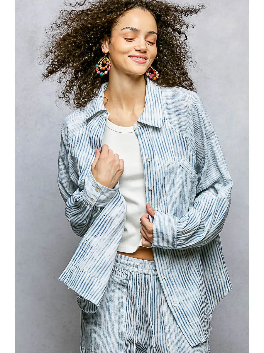 Striped Raglan Long Sleeve Woven Shirt Top