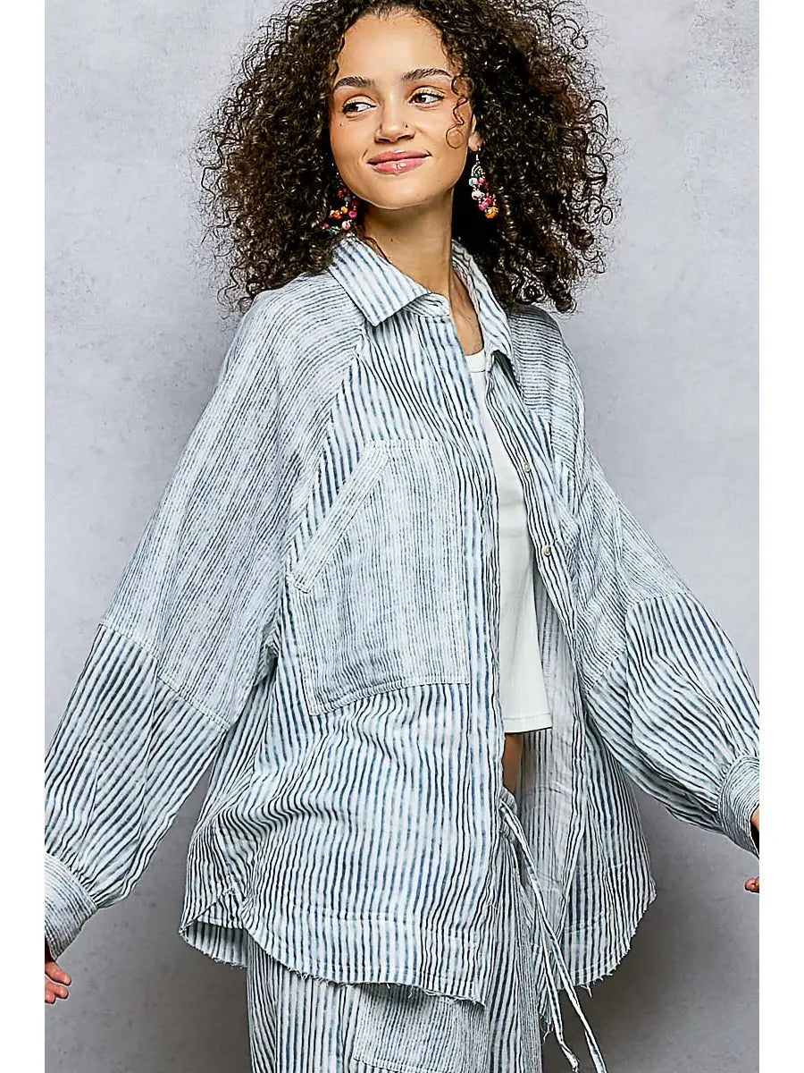 Striped Raglan Long Sleeve Woven Shirt Top