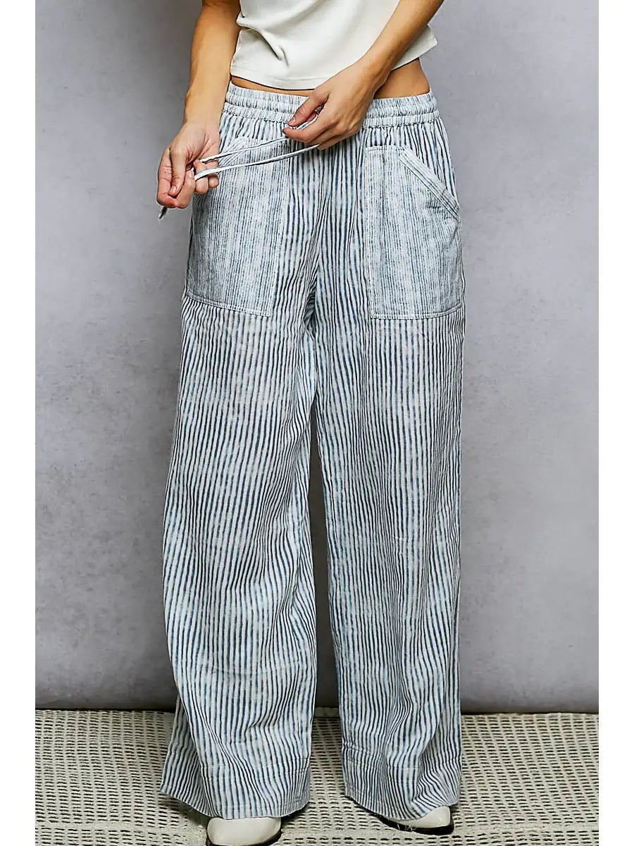 Striped Big Pocket Waist Band Straight Fit Pants